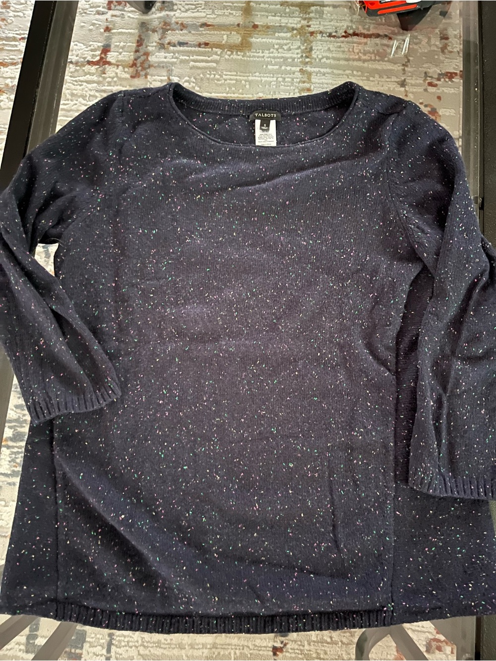 Talbots Navy Speckled 3/4 Sleeve Sweater with Multicolor Flecks